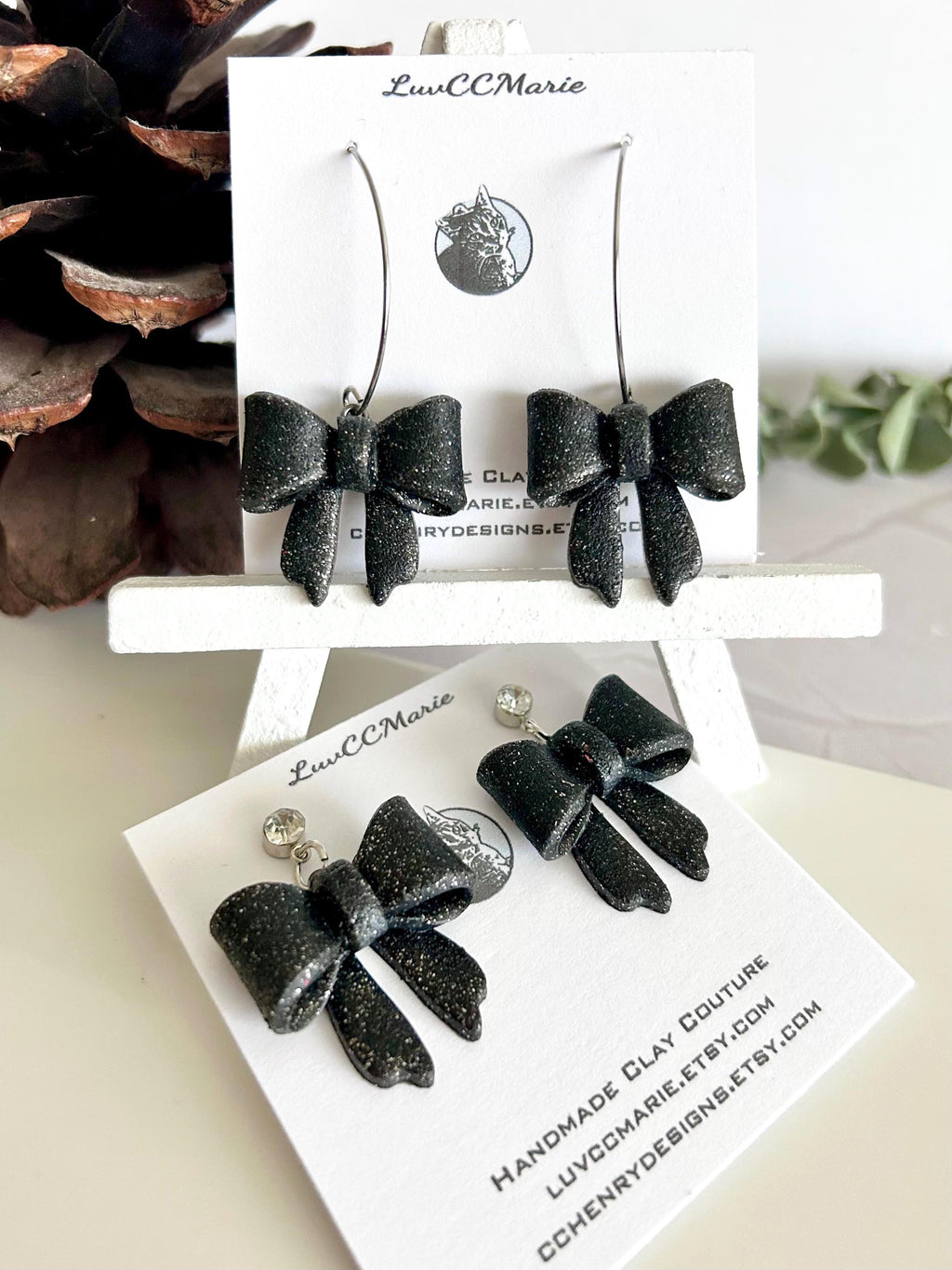 Glitter Bow Clay Earrings, Coquette Dangles, Handmade Holiday Jewelry