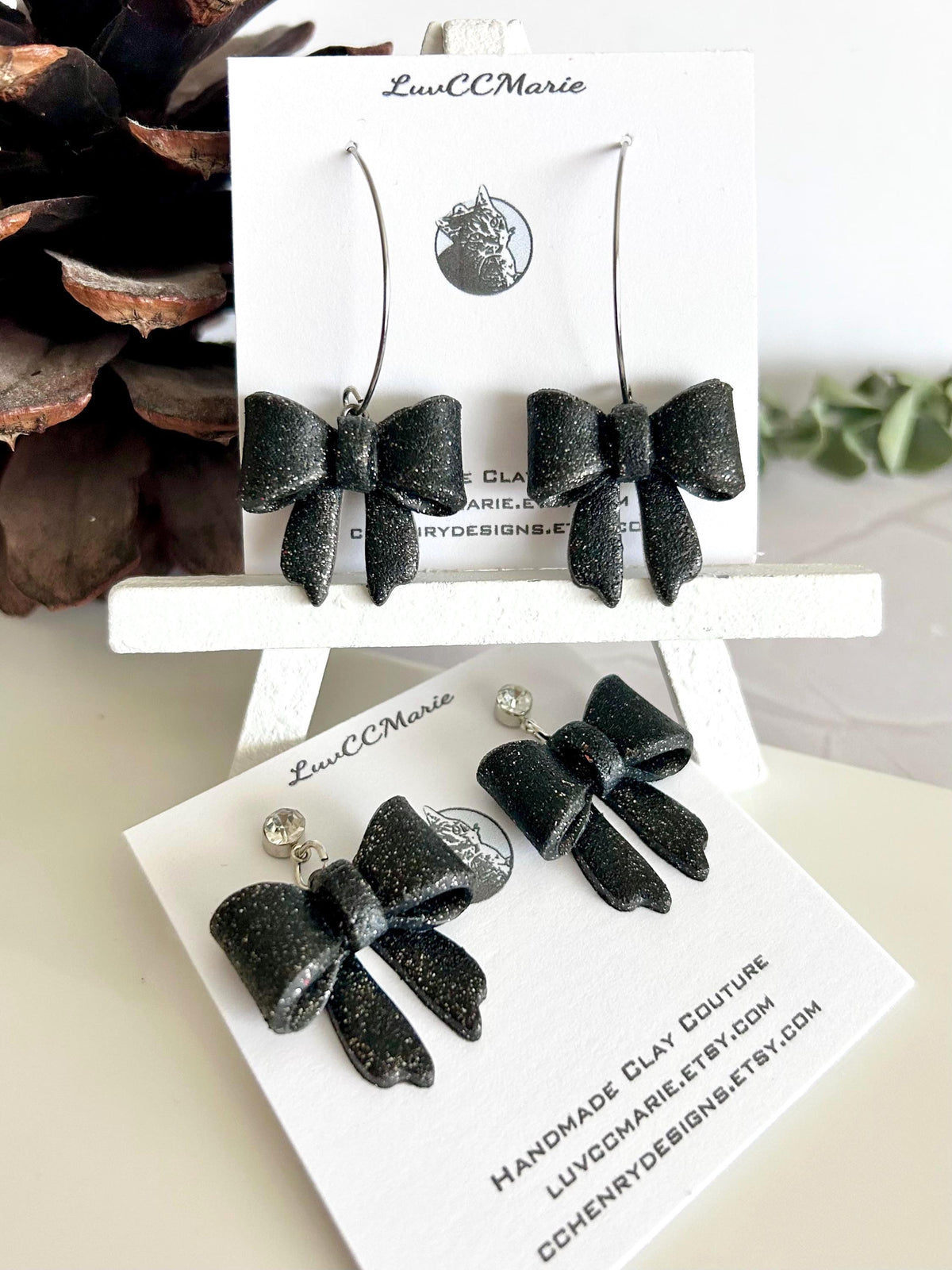 Glitter Bow Clay Earrings, Coquette Dangles, Handmade Holiday Jewelry