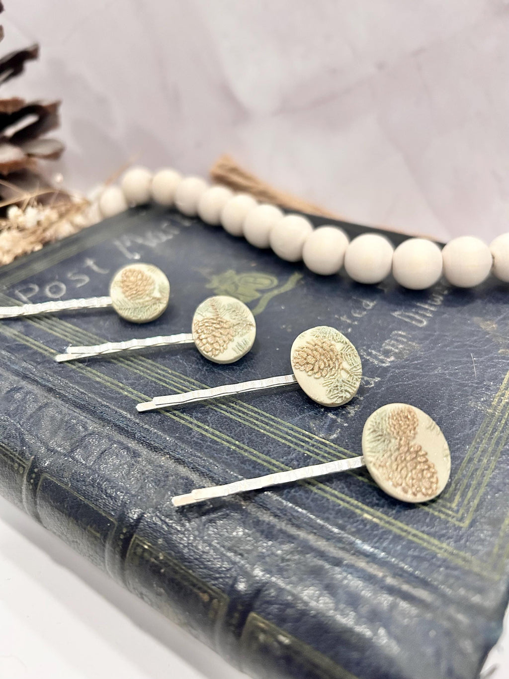 Fall Bobby Pins, Pine Cone Clips, Sage Green Hair Accessories, (Set of 4)