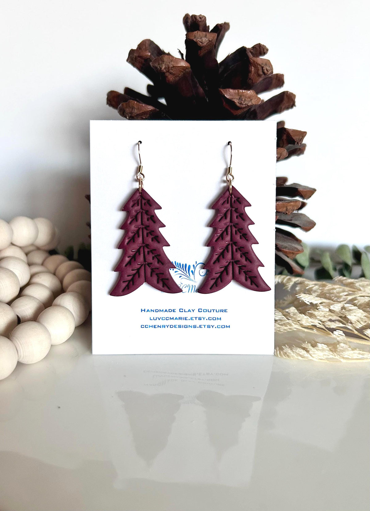 Burgundy Tree Dangle Earrings, Folk Dangles, Scandinavian Norwegian Embossed Clay Handmade Jewelry