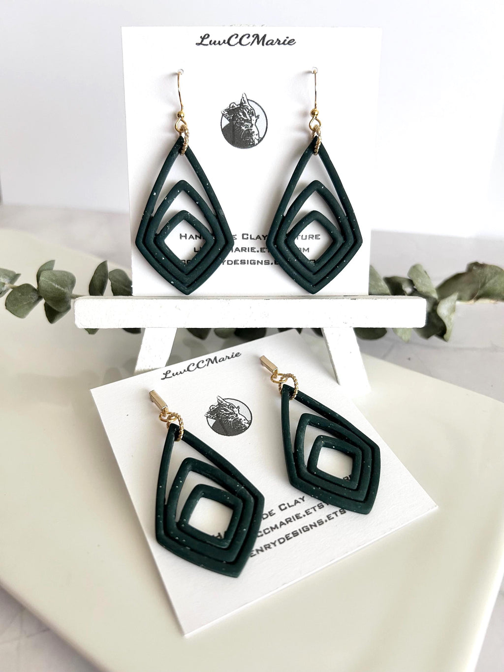 Dark Green Clay Earrings, Forest Dangles, Handmade Jewelry