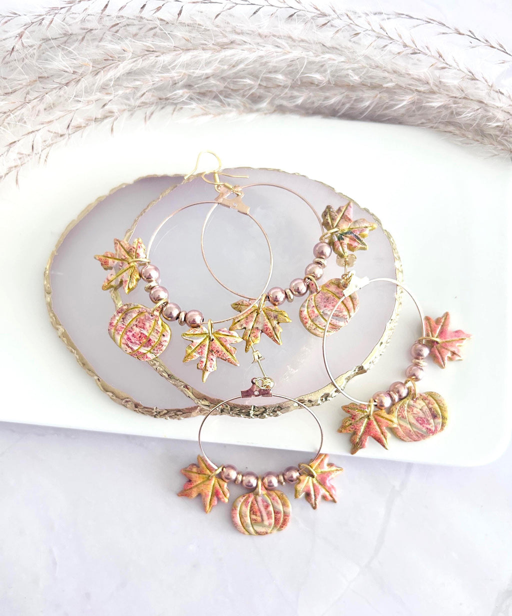 Fall Leaf Clay Earrings, Pumpkin Maple Beaded Hoop Dangles, Boho Hypoallergenic Lightweight Jewelry