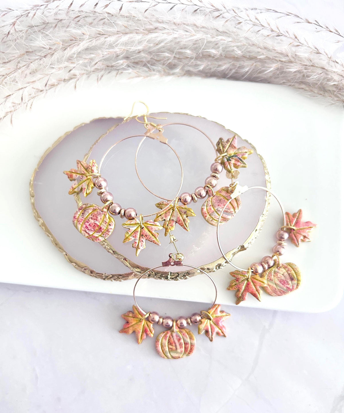 Fall Leaf Clay Earrings, Pumpkin Maple Beaded Hoop Dangles, Boho Hypoallergenic Lightweight Jewelry