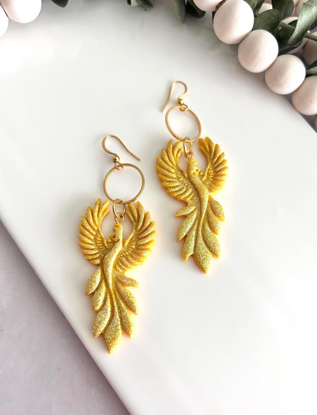 Iridescent Firebird Dangle Earrings, Handmade Clay Phoenix Dangles, Gold Glitter Statement Jewelry