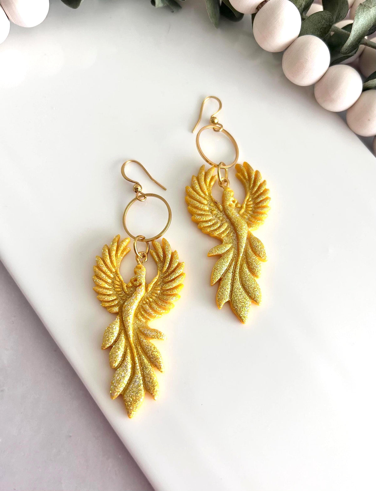 Iridescent Firebird Dangle Earrings, Handmade Clay Phoenix Dangles, Gold Glitter Statement Jewelry