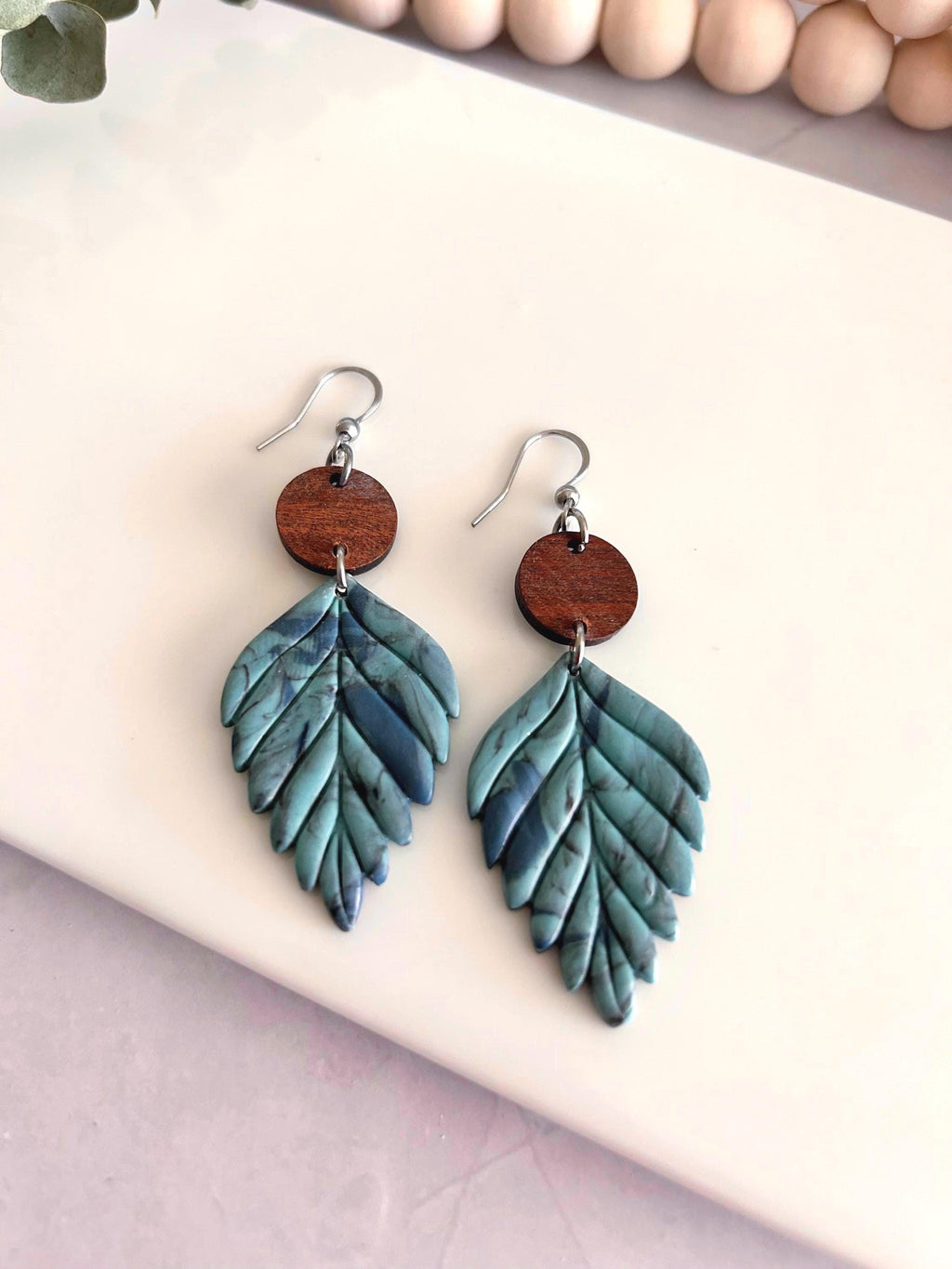 Patina Blue and Brown Leaf Earrings, Walnut Wood Clay Dangles, Long Lightweight Boho Jewelry