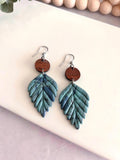 Patina Blue and Brown Leaf Earrings, Walnut Wood Clay Dangles, Long Lightweight Boho Jewelry