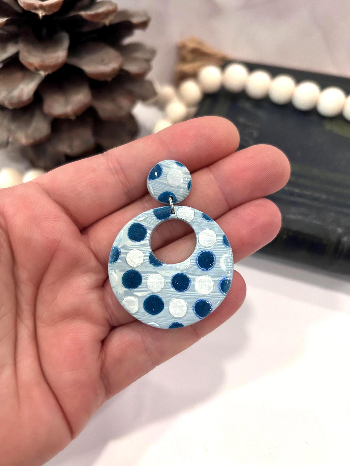 Navy Blue Polka Dot Hoop Dangles, Gingham Earrings, Retro Clay Handmade Fashion Jewelry Gift