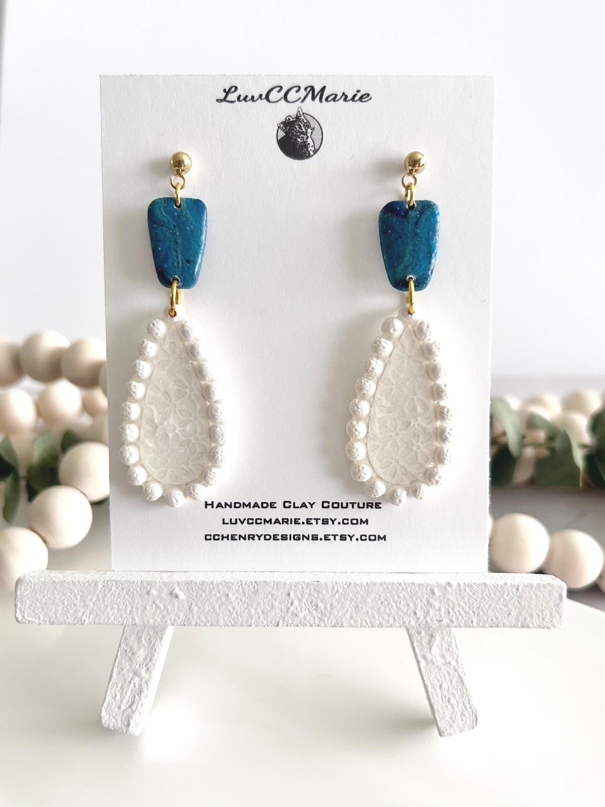 Teal and White Teardrop Earrings, Pearl Floral Clay Dangles, Handmade Bridal Coastal Jewelry