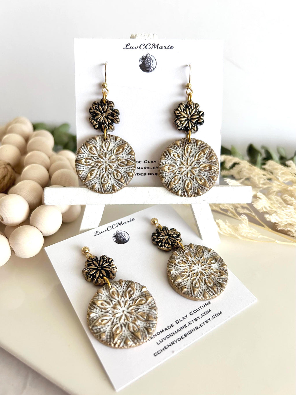 Gold Black White Floral Mandala Dangle Earrings, Handmade Clay Boho Dangles