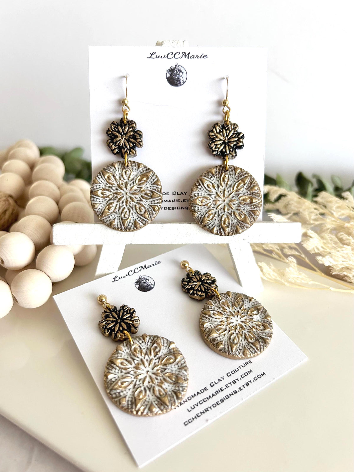 Gold Black White Floral Mandala Dangle Earrings, Handmade Clay Boho Dangles