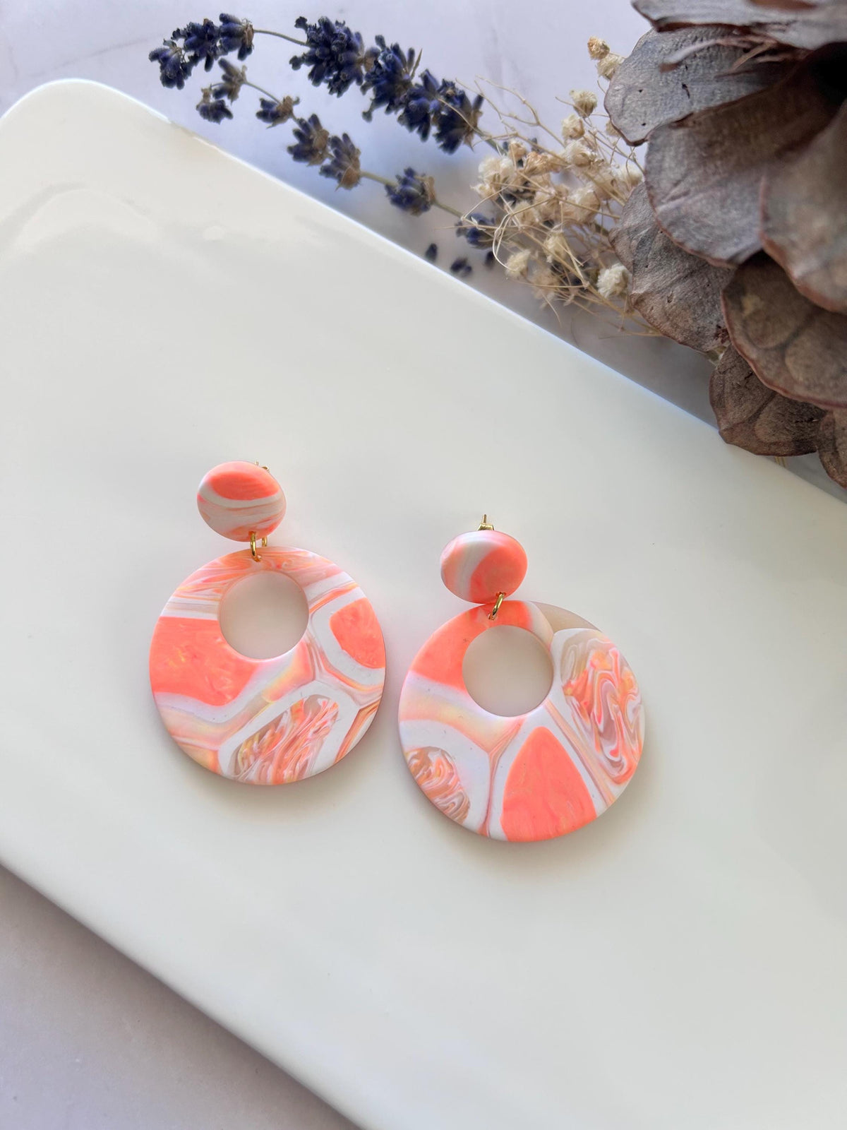 Coral Tortoiseshell Clay Hoop Earrings: Retro Boho Dangles