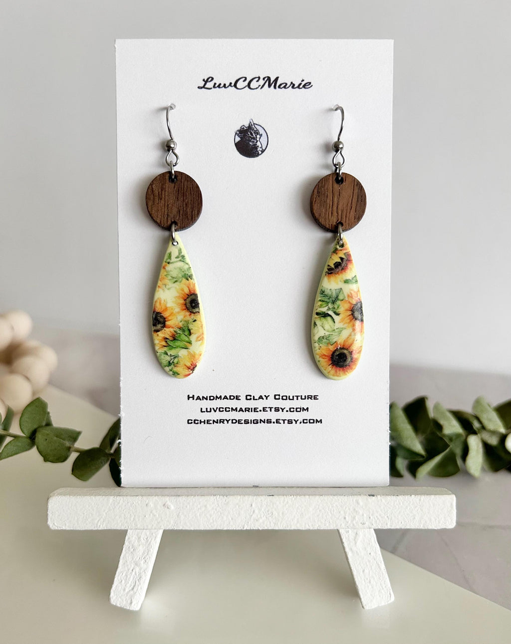 Boho Floral Earrings, Pale Yellow Wood Clay Dangles, Boho Sunflower Jewelry, Handmade Sunflower Themed Gift