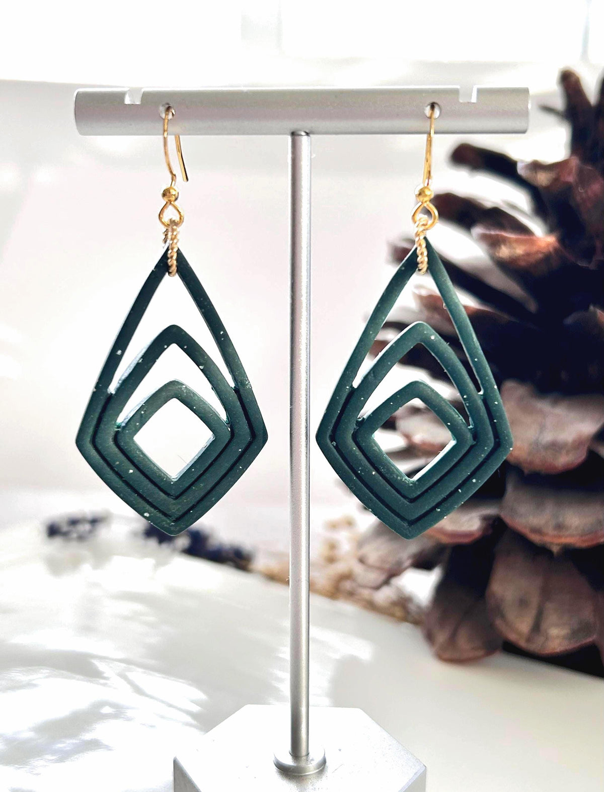 Dark Green Clay Earrings, Forest Dangles, Handmade Jewelry