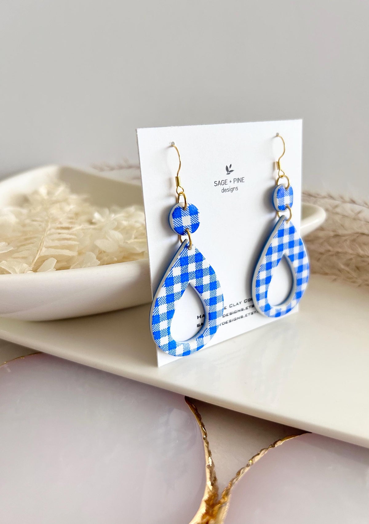 Navy Blue Gingham Check Hoop Dangles, Summer Earrings, Retro Clay Handmade Fashion Jewelry Gift