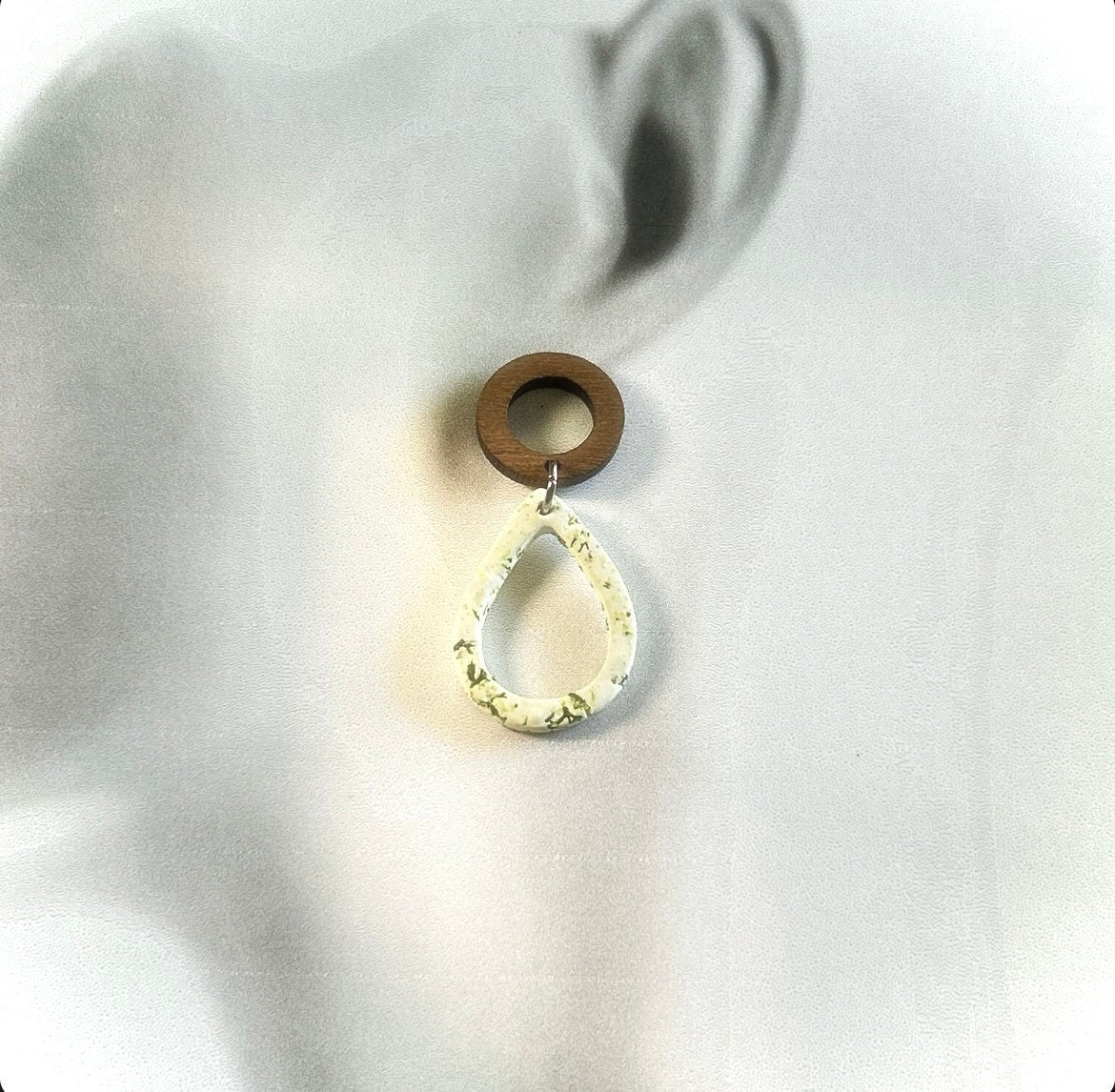 Moss Earrings, Green and White Teardrop Dangles, Clay and Wood Handmade Jewelry