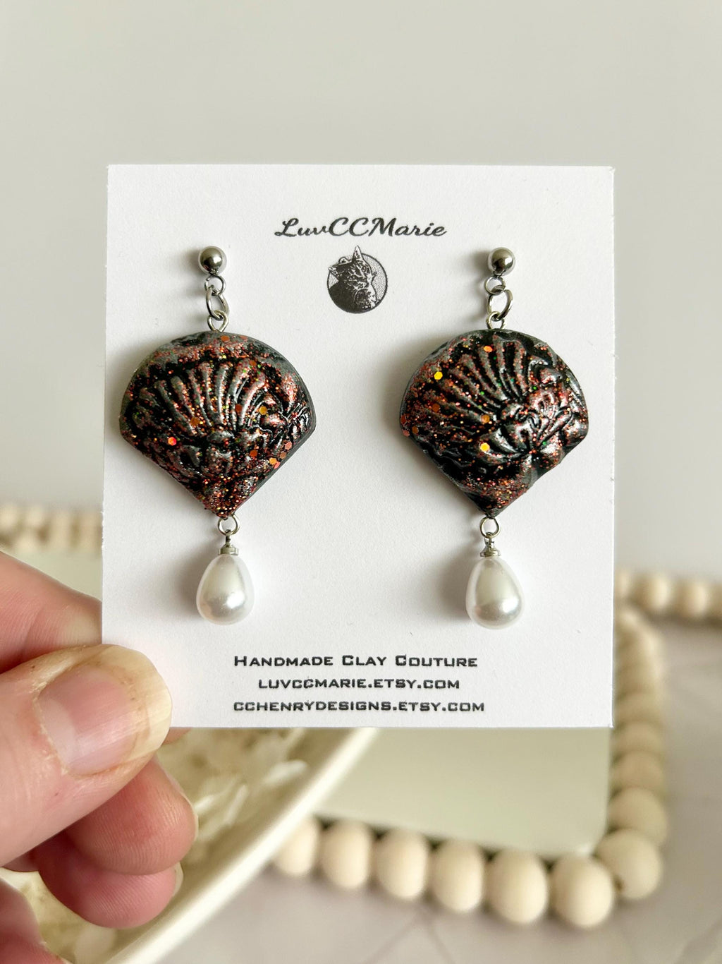 California Poppy Flower Clay Earrings, Abstract Floral Pearl Dangles, Handmade Jewelry Gift for Her