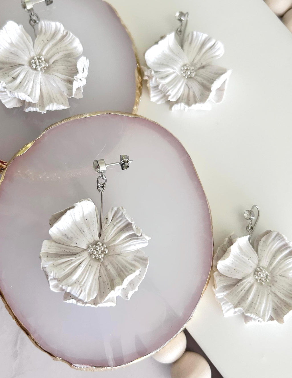 White Dangle Flower Earrings, Big Floral Drop Dangles, Silver Rhinestone Unique Statement Jewelry Gift