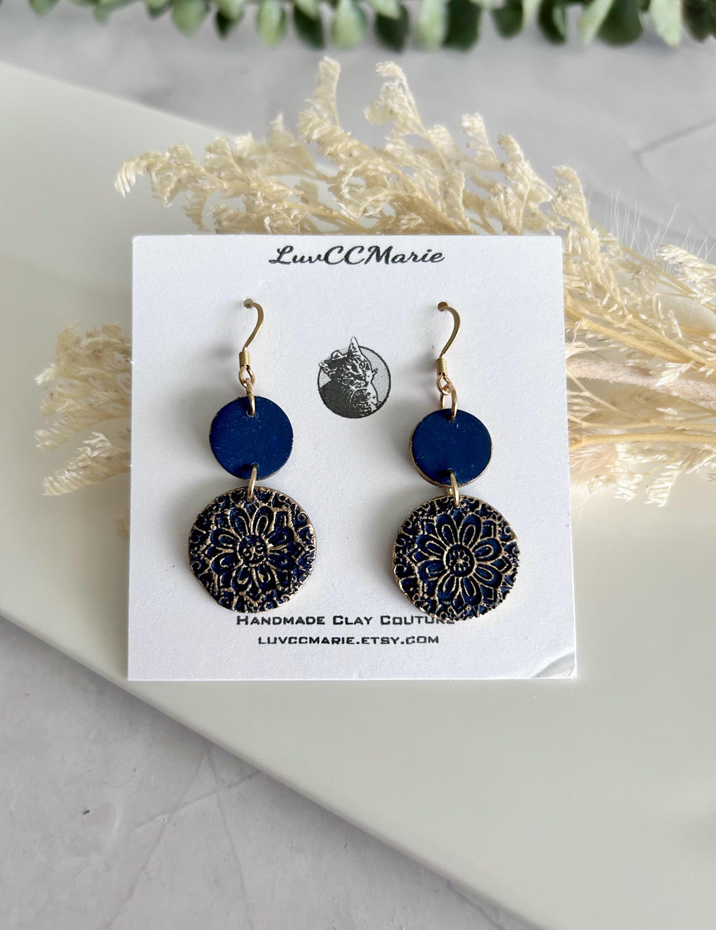 Gold Navy Burgundy Earrings, Embossed Dangles, Handmade Clay Boho Jewelry
