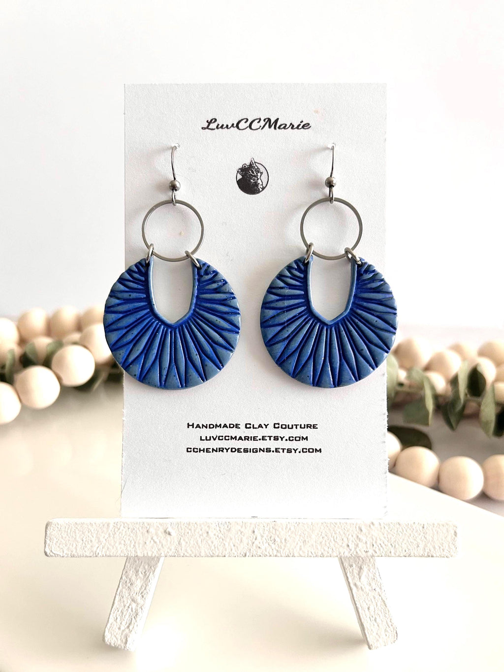 Denim Blue Boho Earrings, Navy and Silver Hoop Dangles, Handmade Clay Jewelry Gift