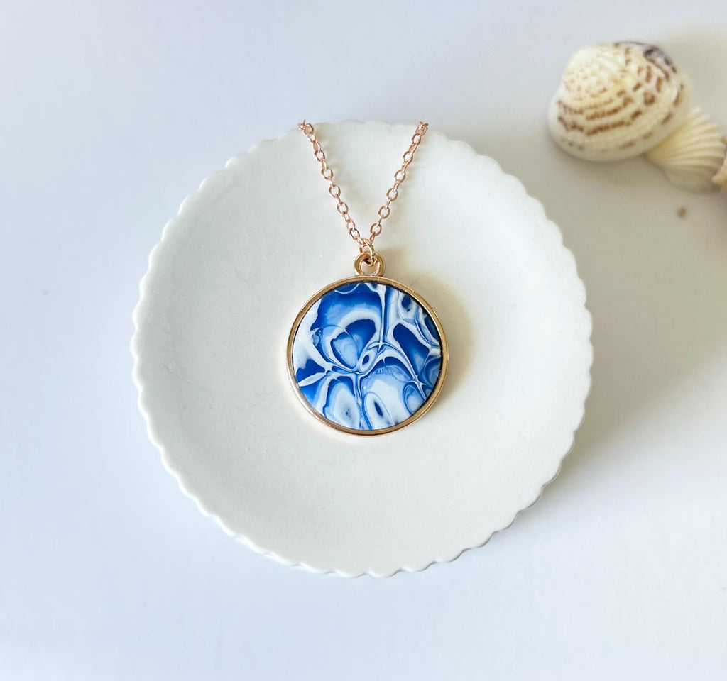 Marbled Mokume Clay Pendant Necklace: Navy Blue Boho Jewelry
