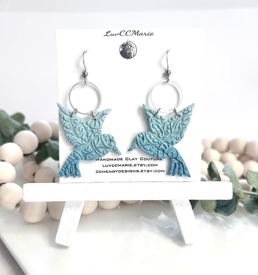 Hummingbird Earrings, Polymer Clay Hoop Dangles, Light Blue Statement Ombre Handmade Boho Jewelry Gift