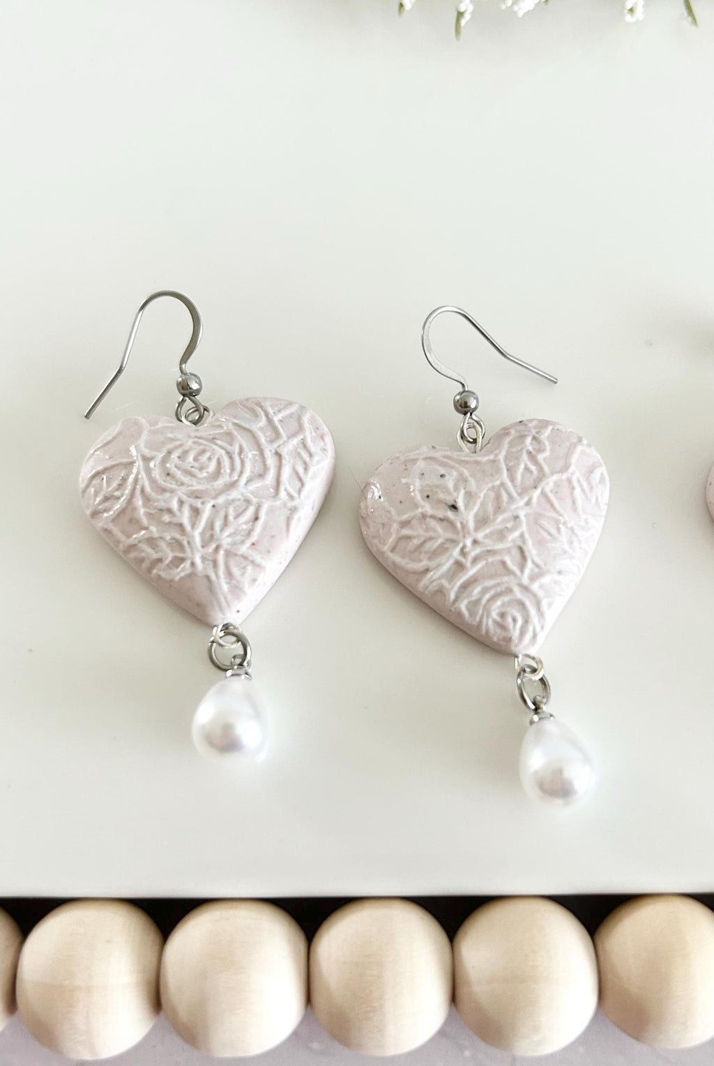 Blush Pink Wedding Earrings, White Pearl Bridal Dangles, Handmade Jewelry Gift For Bride