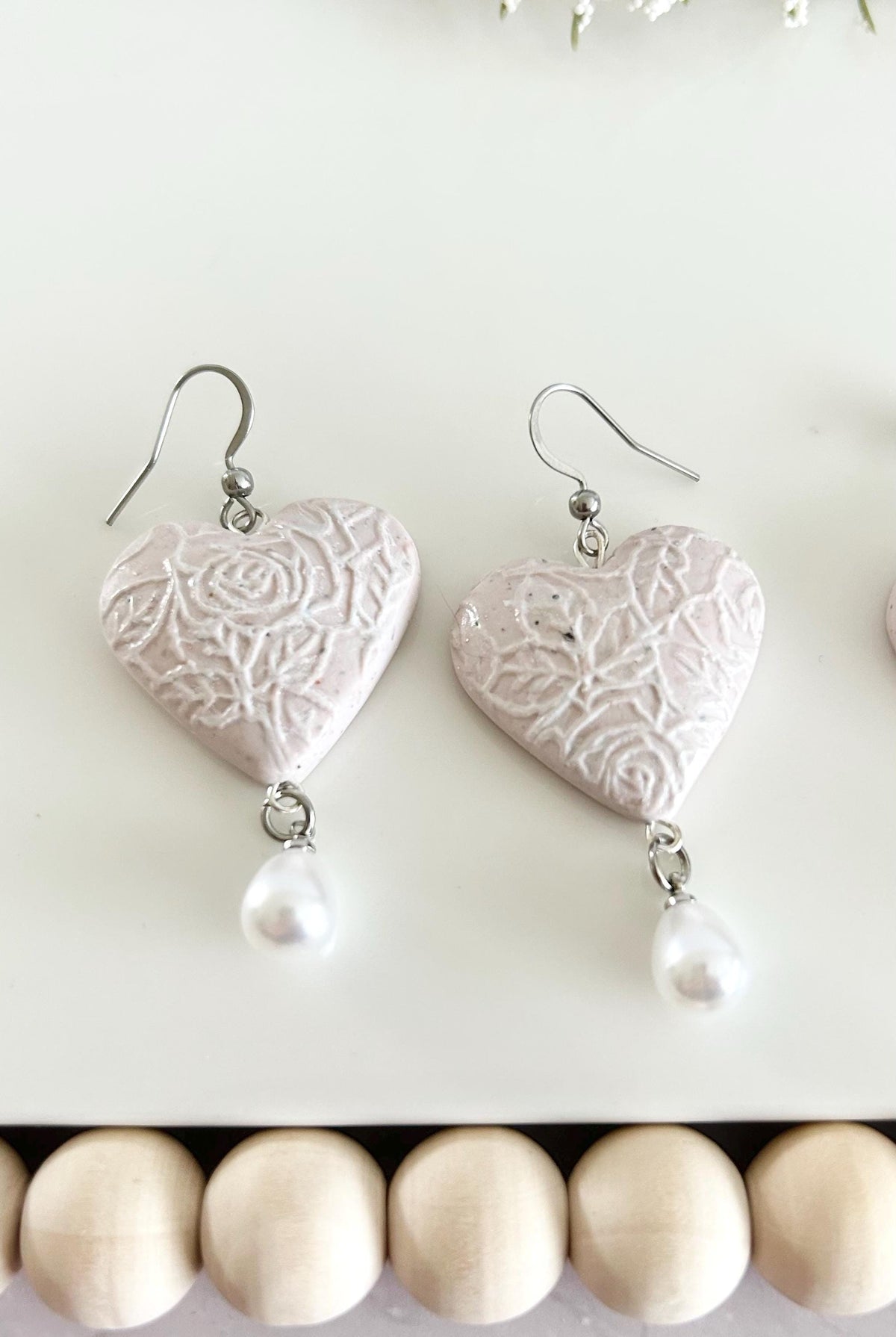 Blush Pink Wedding Earrings, White Pearl Bridal Dangles, Handmade Jewelry Gift For Bride
