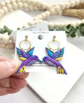 Painted Bird Earrings, Hummingbird Dangles, Purple Wings, Boho Hoops Clay Jewelry, Handmade Art