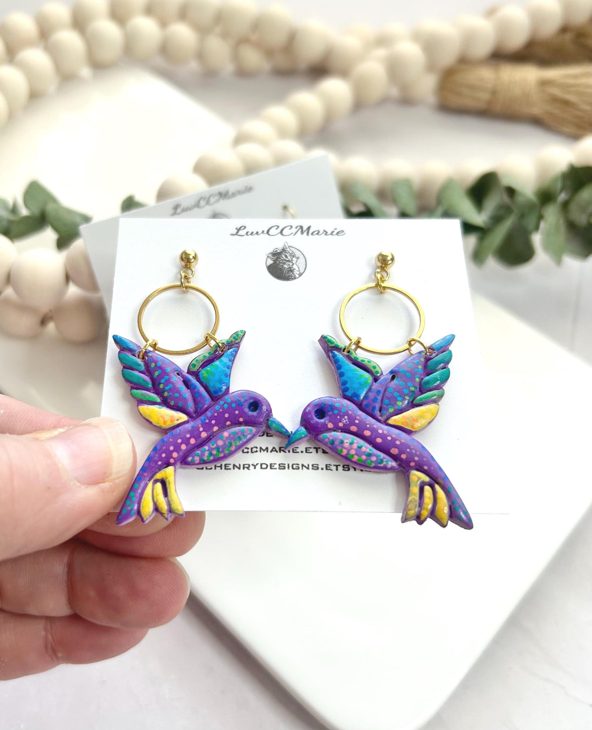 Painted Bird Earrings, Hummingbird Dangles, Purple Wings, Boho Hoops Clay Jewelry, Handmade Art