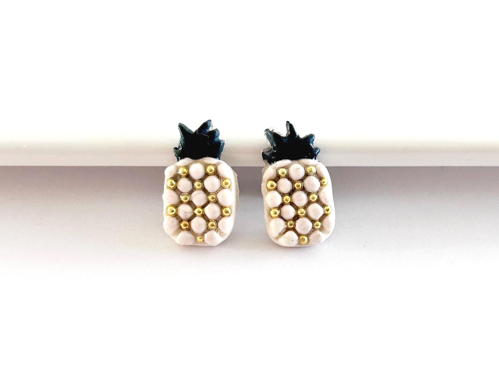 Pineapple Studs, Black and White Post Earrings, Handmade Clay Modern Jewelry