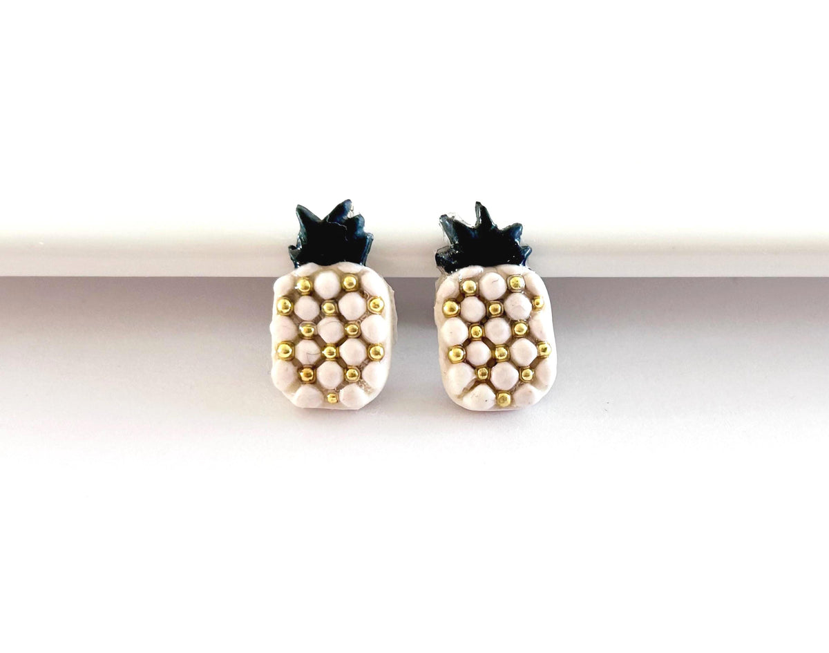 Pineapple Studs, Black and White Post Earrings, Handmade Clay Modern Jewelry