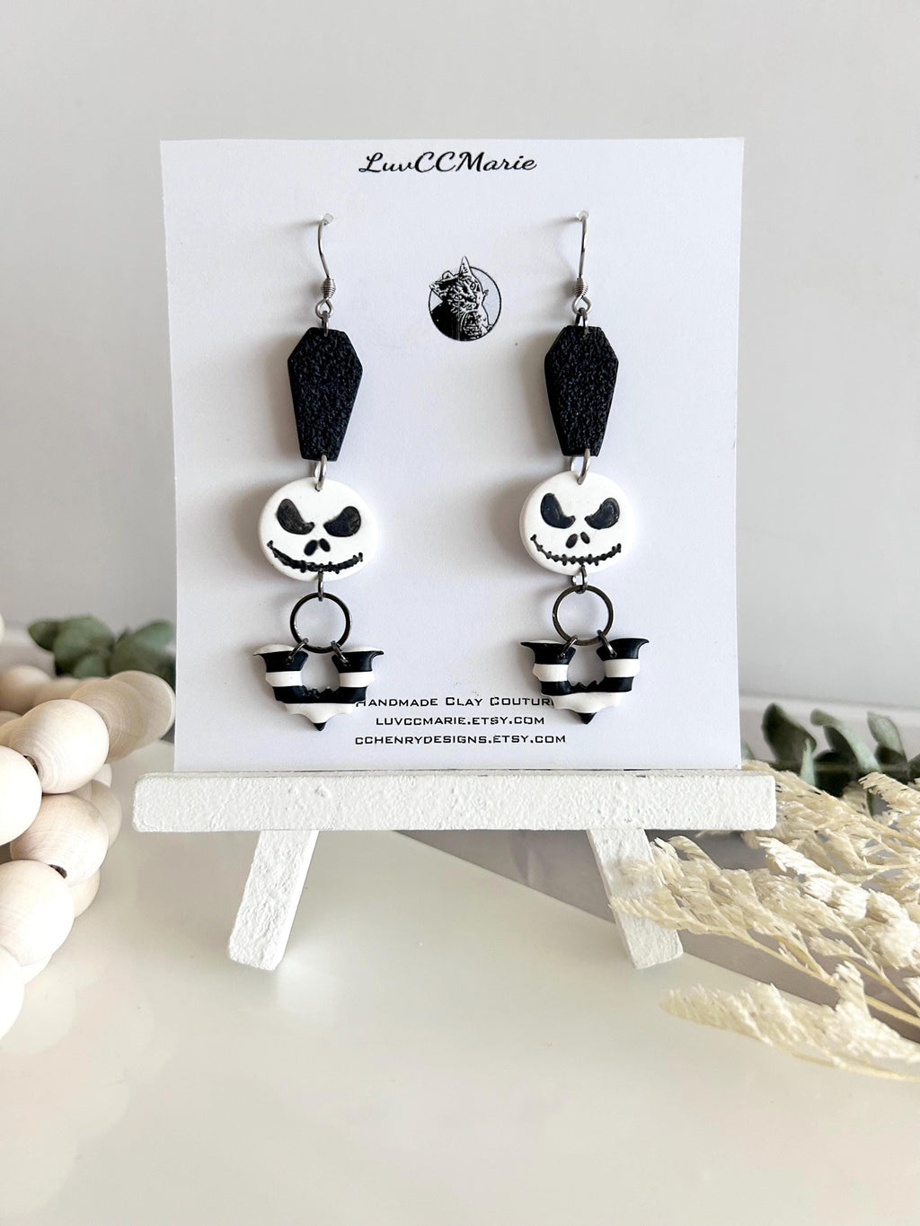 Handmade Clay Halloween Earrings, Black and White Skull Dangles, Jack Coffin Bat