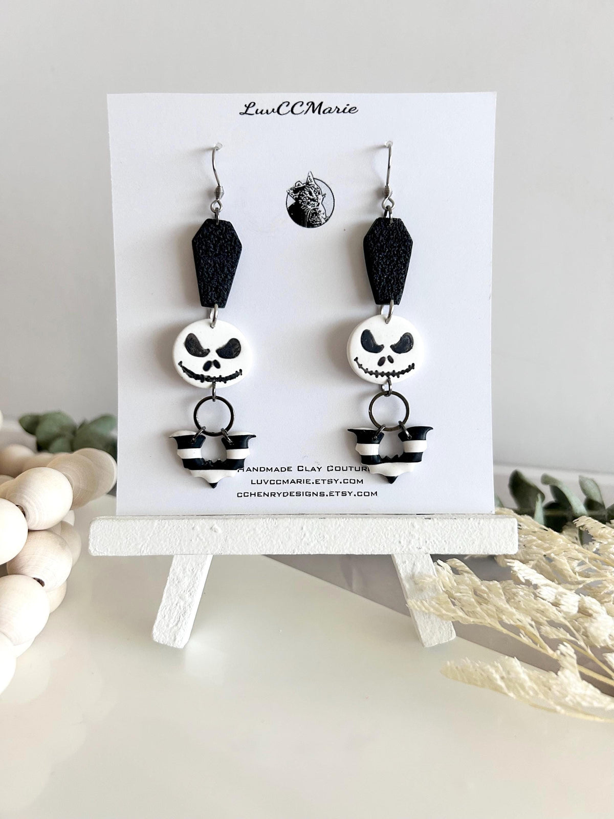 Handmade Clay Halloween Earrings, Black and White Skull Dangles, Jack Coffin Bat