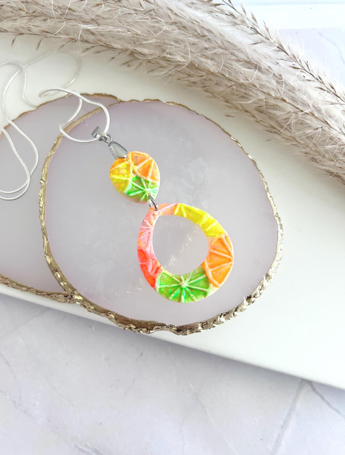 Citrus Necklace, Foodie Pendant, Silver Orange ,Neon Pink, Fluorescent Green, Teardrop Lemon Handmade Jewelry