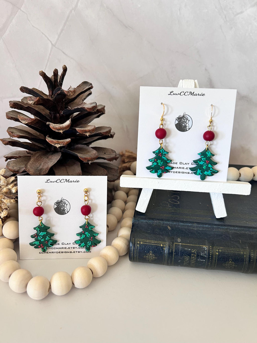 Green Christmas Tree Earrings, Holly Berry Beads, Cute Holiday Gift, Stocking Stuffer Clay Jewelry