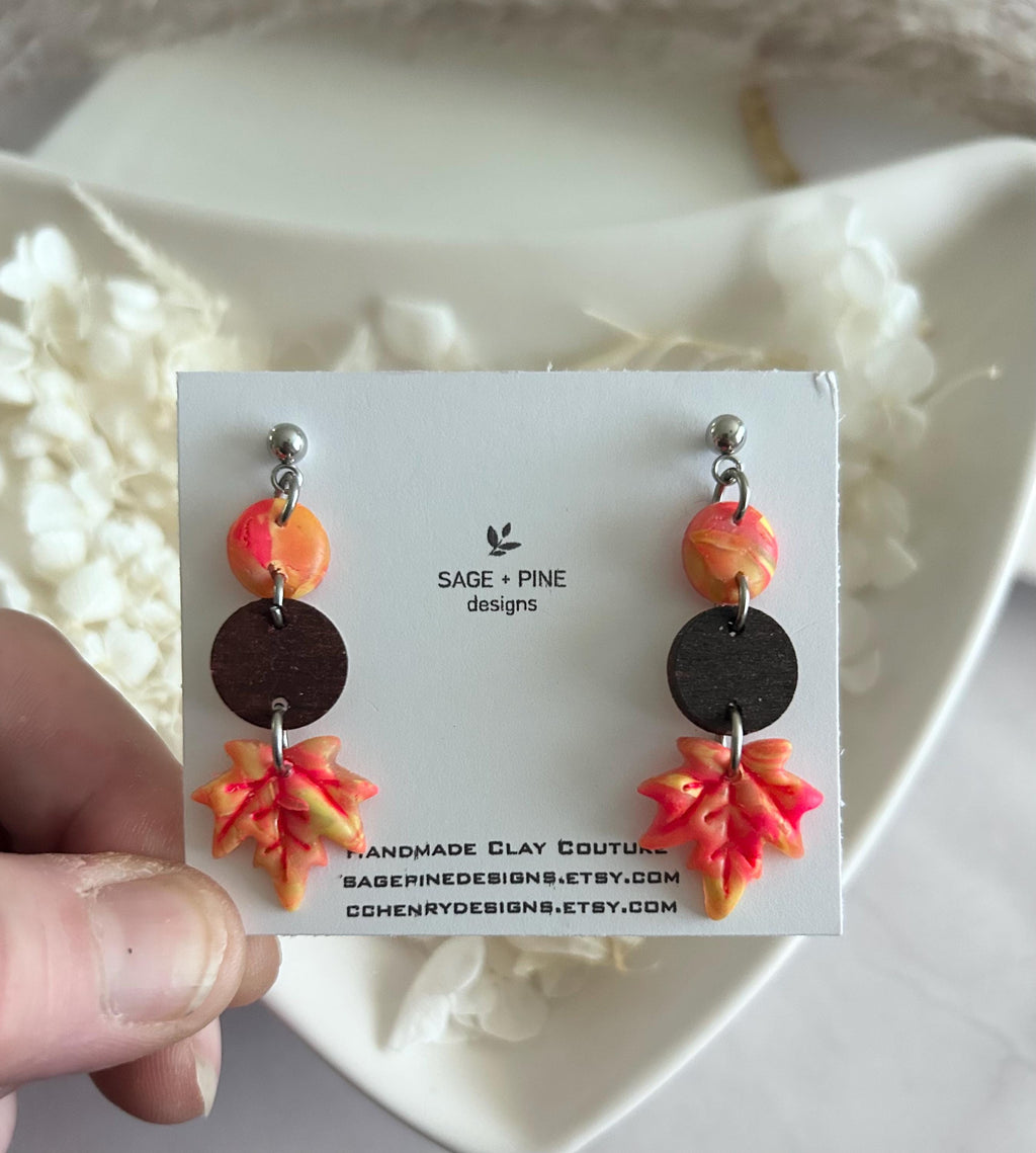 Fall Leaf Clay Earrings, Wood Bead Maple Dangles, Bright Neon Boho Hypoallergenic Lightweight Jewelry