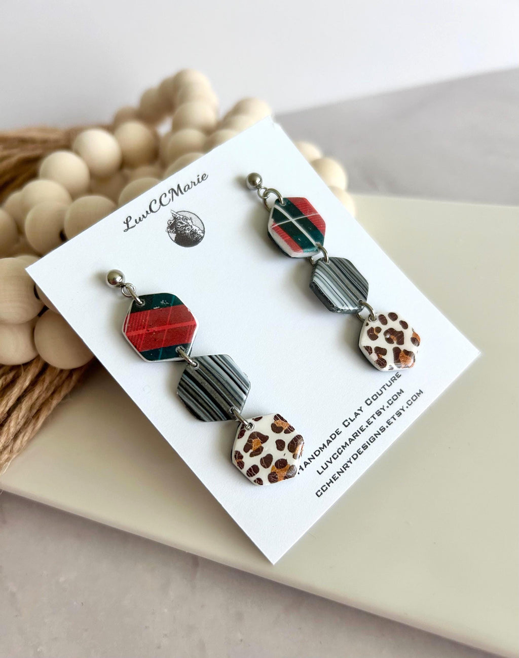 Cheetah Print Plaid Hexagon Daisy Chain Dangle Earrings: Handmade Boho Statement Clay Jewelry