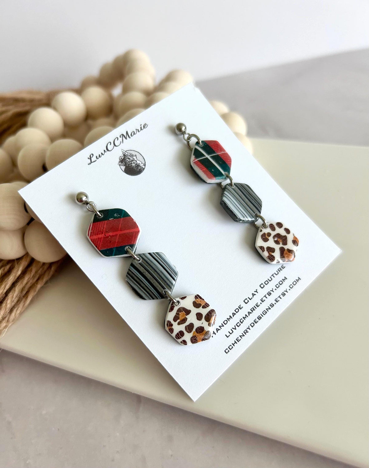 Cheetah Print Plaid Hexagon Daisy Chain Dangle Earrings: Handmade Boho Statement Clay Jewelry