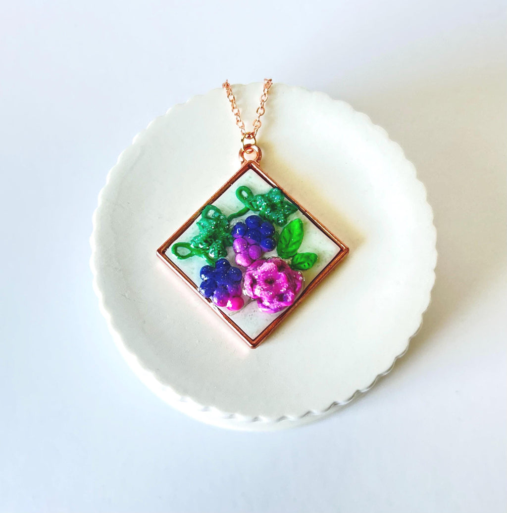 Handmade Polymer Clay Grapes & Rose Pendant Necklace, Rose Gold