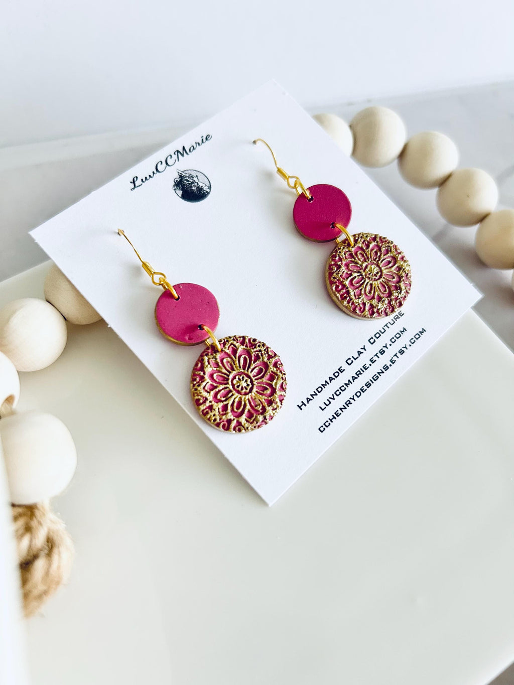 Fuchsia Pink & Gold Dangle Earrings, Mandala Dangles, Handmade Clay Boho Jewelry