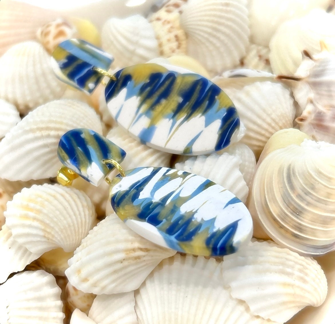 Cobalt Blue Swirl Clay Earrings: Gold Stainless Steel Boho Dangles