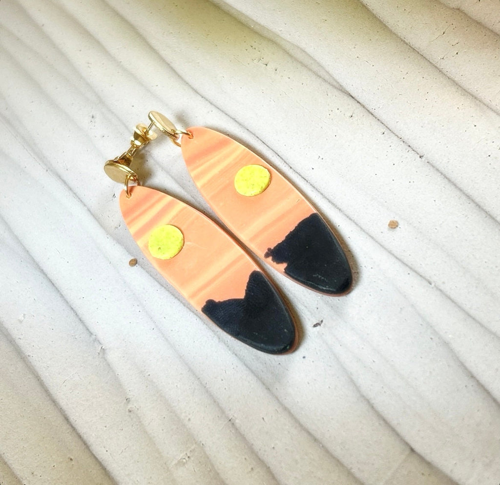 Orange Surfboard Clay Earrings, Handmade Boho Vacation Jewelry, Sunset Dangles
