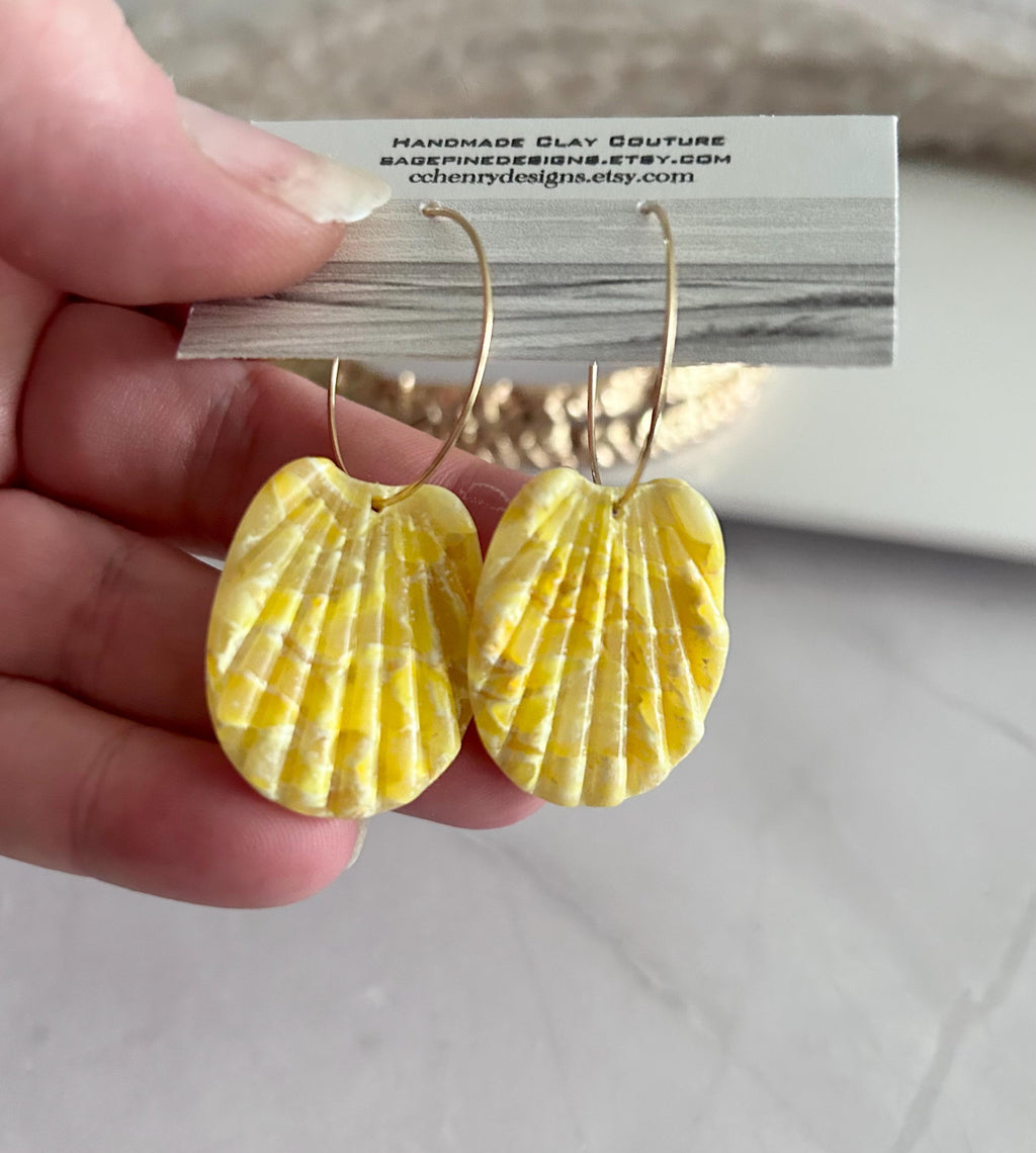 Handmade Clay Butter Yellow Shell Earrings, Seashell Hoop Dangles, Coastal Vacation Beach Jewelry