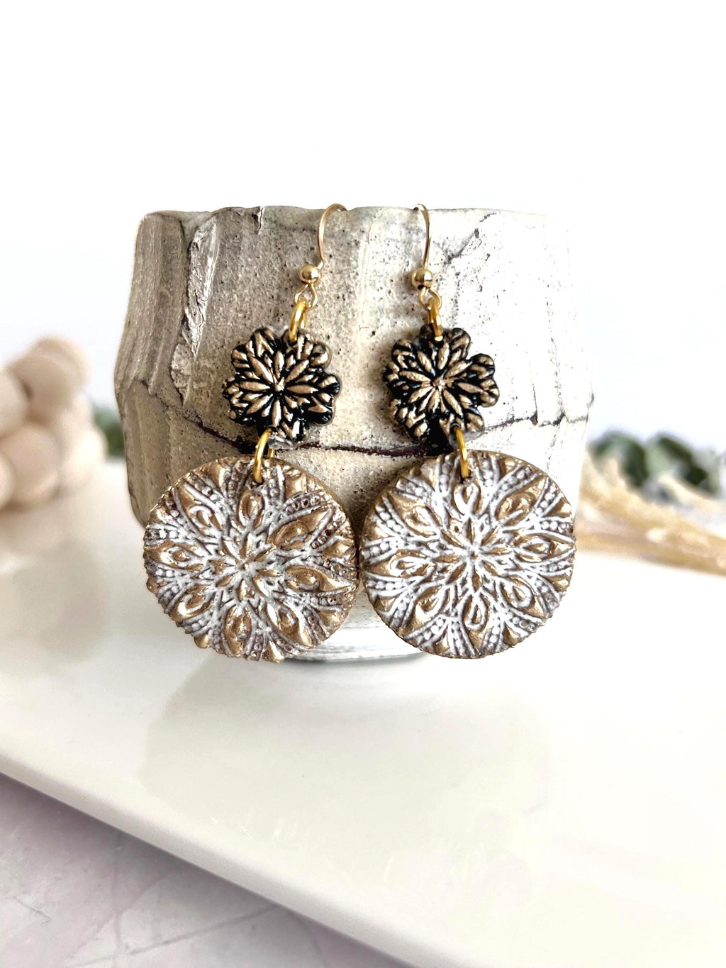 Gold Black White Floral Mandala Dangle Earrings, Handmade Clay Boho Dangles