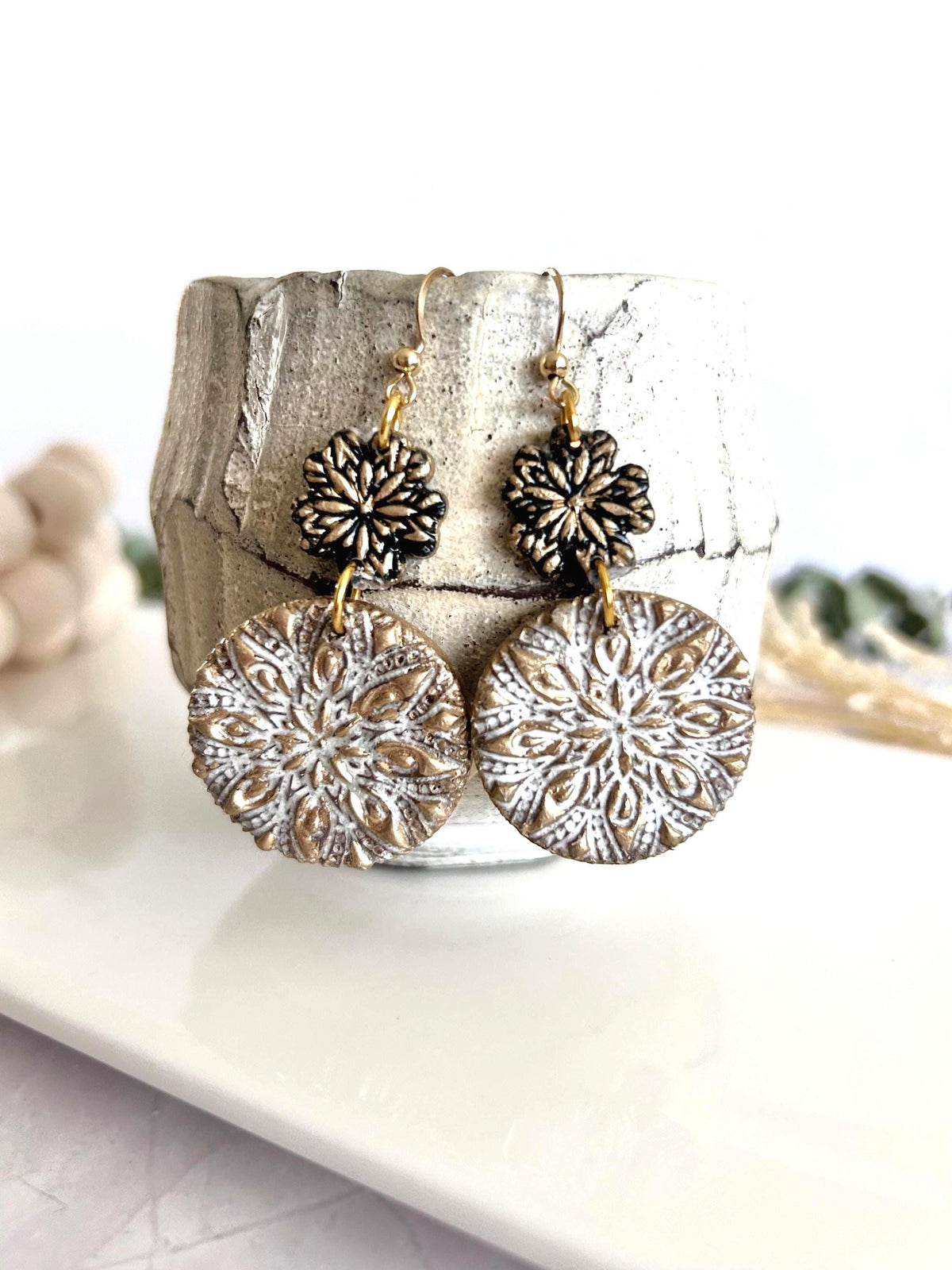 Gold Black White Floral Mandala Dangle Earrings, Handmade Clay Boho Dangles
