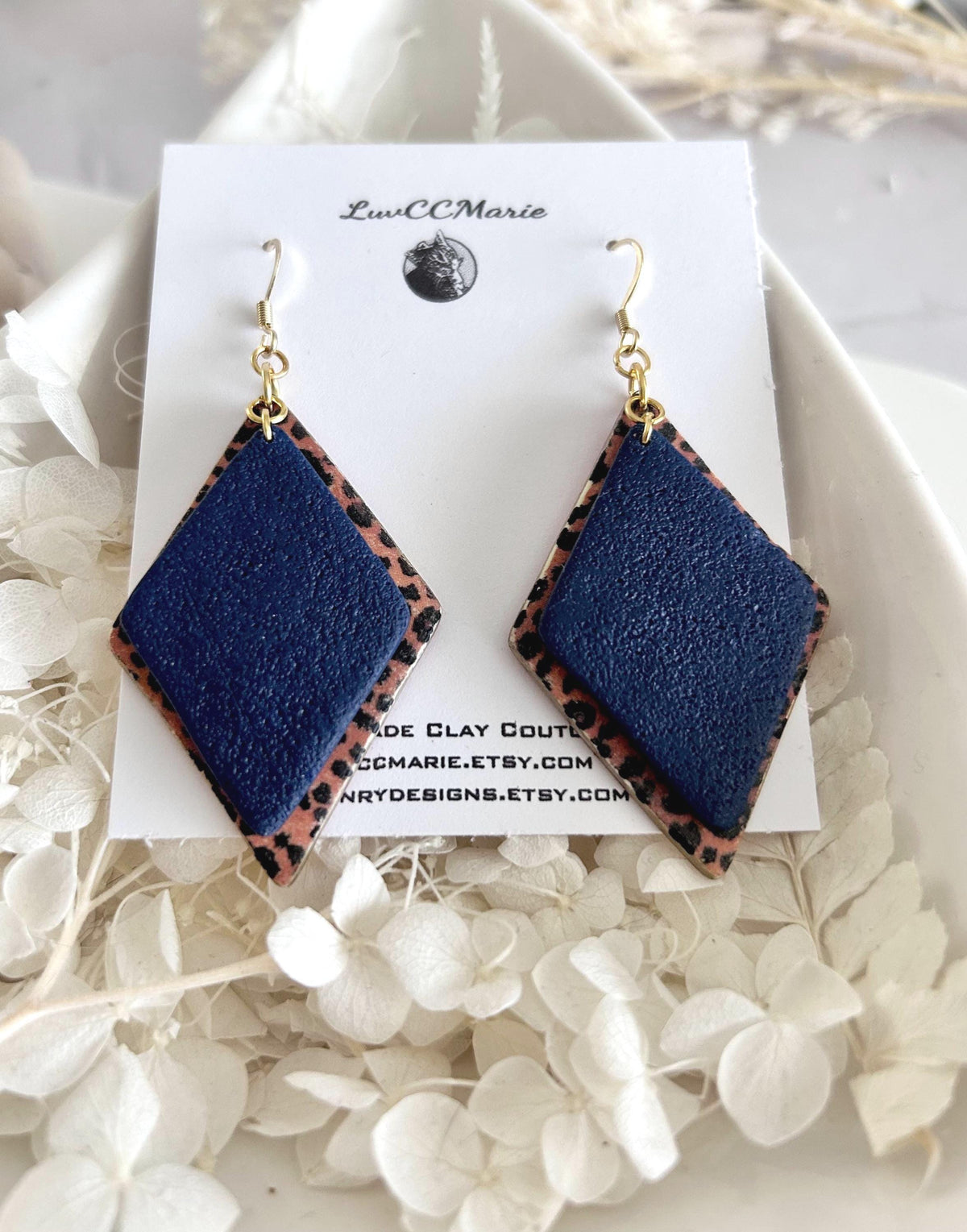 Navy Blue Leopard Print Hoop Earrings, Clay Dangles, Handmade Hypoallergenic Surgical Stainless Steel