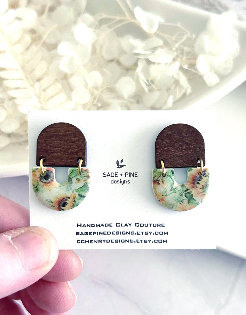 Autumn Sunflower Clay & Wood Arch Earrings, Fall Floral Dangles, Handmade Lightweight Botanical Jewelry