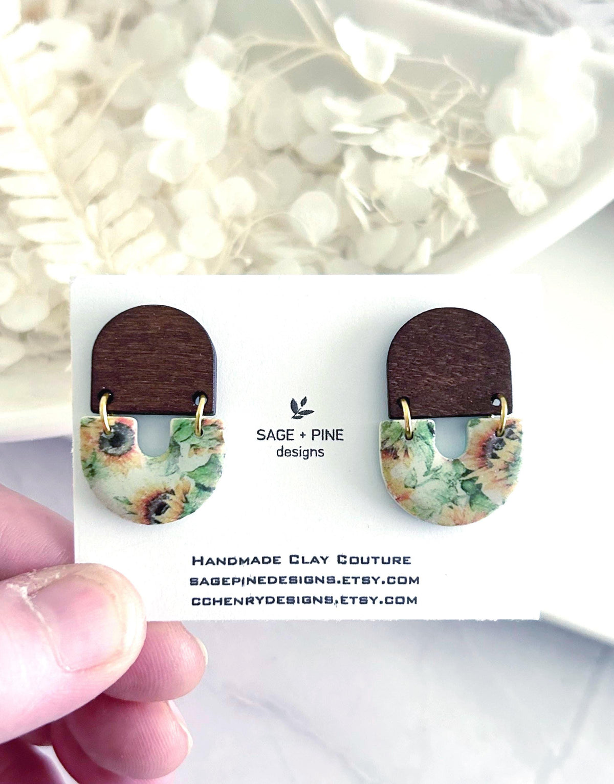 Autumn Sunflower Clay & Wood Arch Earrings, Fall Floral Dangles, Handmade Lightweight Botanical Jewelry