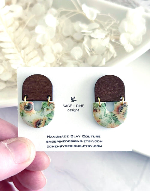 Autumn Sunflower Clay & Wood Arch Earrings, Fall Floral Dangles, Handmade Lightweight Botanical Jewelry
